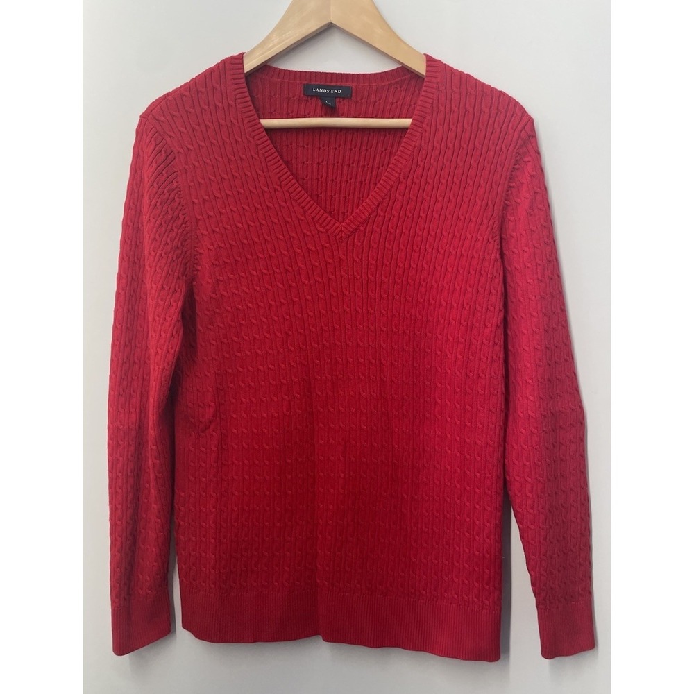 Lands End Women's Red V-neck Cable Knit 100% Cotton Sweater Size‎ 14-16 XS